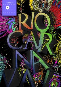 Kalenderblatt im Hintergrund illustrative Sambatänzerinnen. Rio Carnaval als Typografie