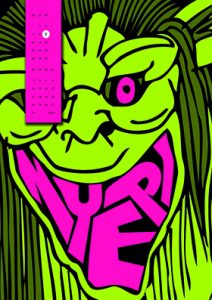 Kalenderblatt Comicfigur mit grüner Gesichtsfarbe und den Buchstaben NYEPI als Mund O als Iris im Auge
